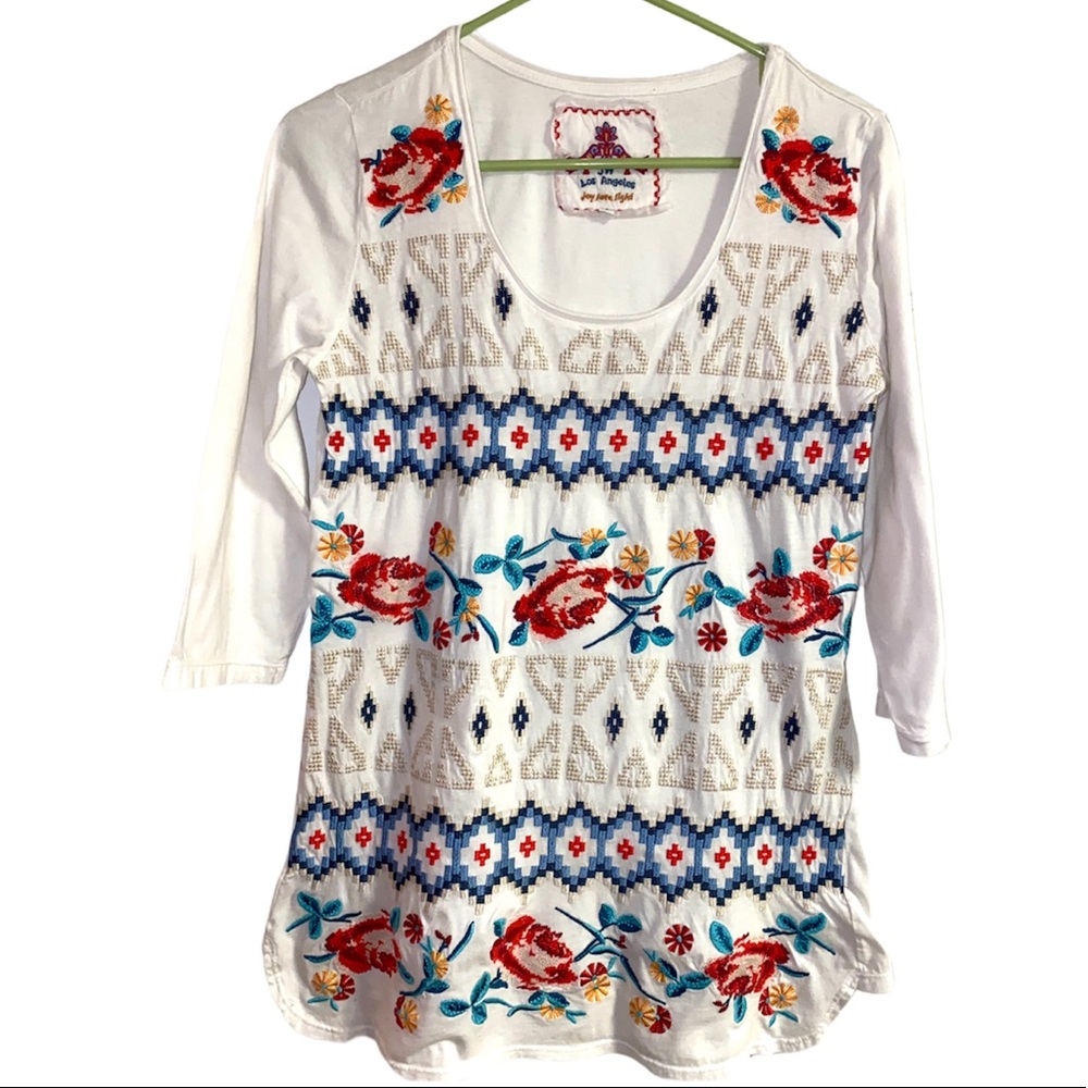 Johnny Was rose embroidered 3/4 sleeve top Small